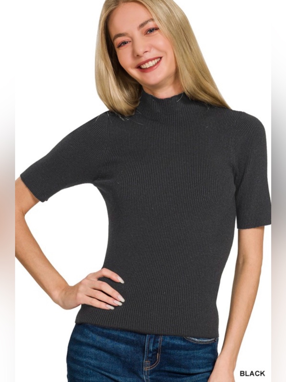 Zenana Ribbed Mock Neck Short Sleeve Sweater Top | Black